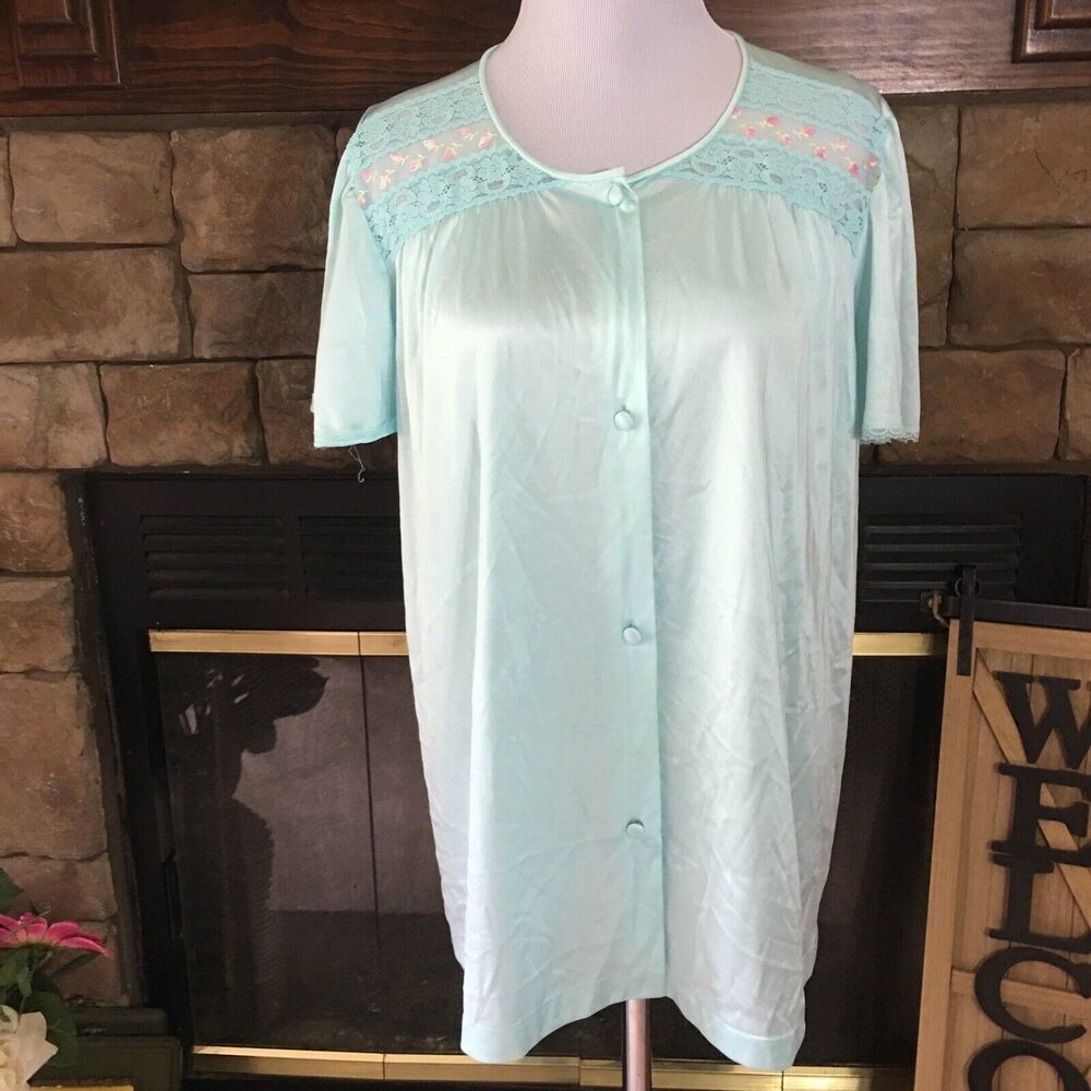 Vintage Vanity Fair Green Satin Pajama Top Button Up Nylon Made In USA Medium